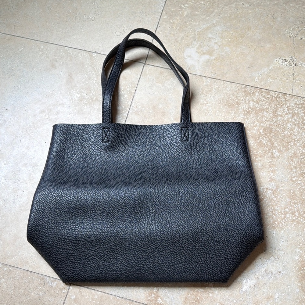 Black Textured Leather Tote Bag